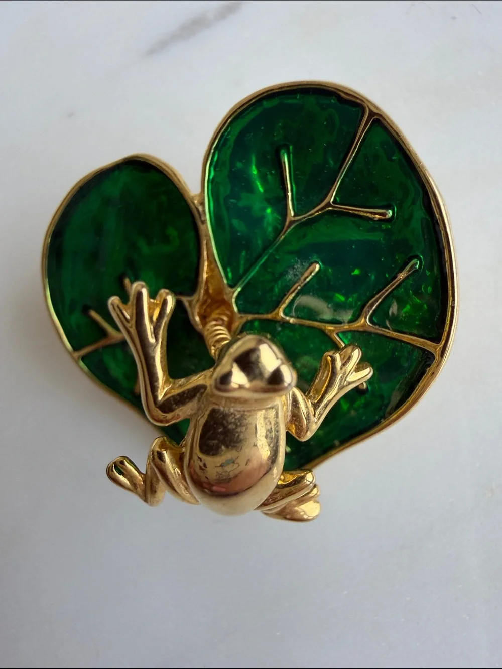 Vintage Gold Frog on spring Green Leaf Enamel Brooch - Whimsical